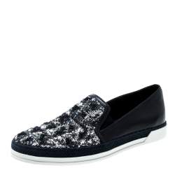 Pre Owned Tod's Blue Leather Sequin Embellished Espadrille Slip On Sneakers Size 37