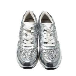 Tod's Metallic Silver Glitter And Leather Sportivo Lace Up Sneakers Size 36