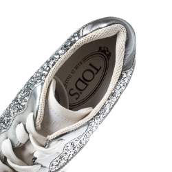 Tod's Metallic Silver Glitter And Leather Sportivo Lace Up Sneakers Size 36