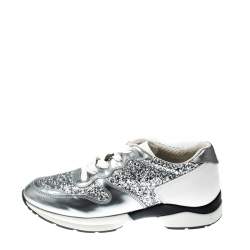 Tod's Metallic Silver Glitter And Leather Sportivo Lace Up Sneakers Size 36