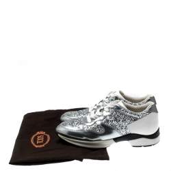 Tod's Metallic Silver Glitter And Leather Sportivo Lace Up Sneakers Size 36