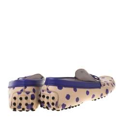 Pre Owned Tod's Purple/Beige Polka Dot Leather Bow Loafers Size 39