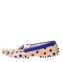 Pre Owned Tod's Purple/Beige Polka Dot Leather Bow Loafers Size 39