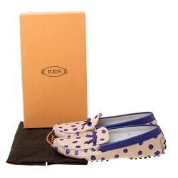 Pre Owned Tod's Purple/Beige Polka Dot Leather Bow Loafers Size 39