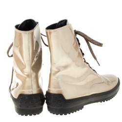 Pre Owned Tod's Metallic Beige Patent Leather Lace Up Boots Size 39.5