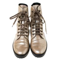 Pre Owned Tod's Metallic Beige Patent Leather Lace Up Boots Size 39.5