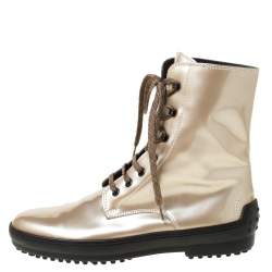 Pre Owned Tod's Metallic Beige Patent Leather Lace Up Boots Size 39.5