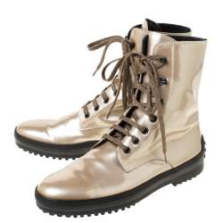 Pre Owned Tod's Metallic Beige Patent Leather Lace Up Boots Size 39.5