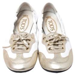 Pre Owned Tod's White/Gold Leather Gomma Lace Slip On Sneakers Size 37.5