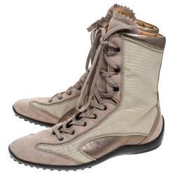 مملوكة مسبقًا Tod’s Beige/Olive Green Canvas and Leather Lace Up Boots Size 37