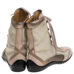 مملوكة مسبقًا Tod’s Beige/Olive Green Canvas and Leather Lace Up Boots Size 37