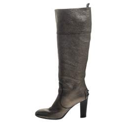 مملوكة مسبقًا Tod's Metallic Grey Leather Knee Length Boots Size 36.5