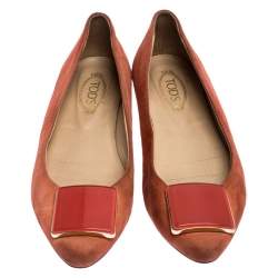 Pre Owned Tod's Orange Suede Square Detail Ballet Flats Size 37