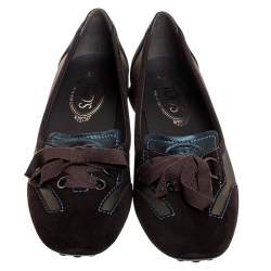 Pre Owned  Tod's Brown Suede, Mesh And Blue Leather Lace Bow Ballet Flats Size 38