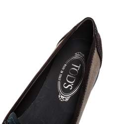 Pre Owned  Tod's Brown Suede, Mesh And Blue Leather Lace Bow Ballet Flats Size 38
