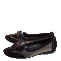 Pre Owned  Tod's Brown Suede, Mesh And Blue Leather Lace Bow Ballet Flats Size 38
