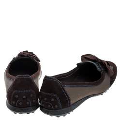 Pre Owned  Tod's Brown Suede, Mesh And Blue Leather Lace Bow Ballet Flats Size 38