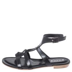 Tod's Black Leather Logo Studded Strappy Flat Sandals Size 38
