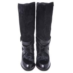مملوكة مسبقًا Tod's Black Leather And Pony Hair Buckle Mid Calf Boots Size 37
