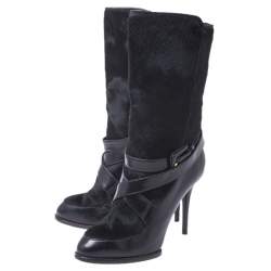 مملوكة مسبقًا Tod's Black Leather And Pony Hair Buckle Mid Calf Boots Size 37