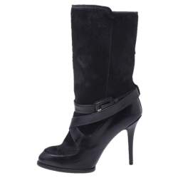 مملوكة مسبقًا Tod's Black Leather And Pony Hair Buckle Mid Calf Boots Size 37