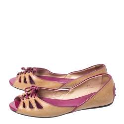 Tod's Brown Leather And Patent Trim Peep Toe Ballet Flats Size 37