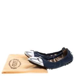 Tod's Blue/Silver Leather Cap Toe Scrunch Ballet Flats Size 36.5