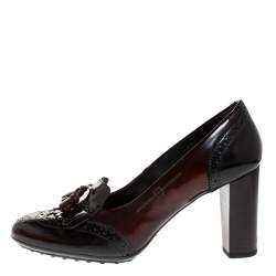 Pre Owned Tod's Dark Maroon Brogue Leather Fringe Pumps Size 41
