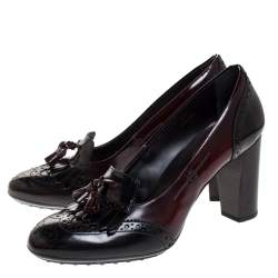 Pre Owned Tod's Dark Maroon Brogue Leather Fringe Pumps Size 41