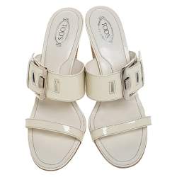 Tod's White Patent Leather Peggy Buckle Slide Sandals Size 41