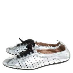 Pre Owned Tod's Metallic Silver Perforated Leather Lace Up Scrunch Low Top Sneakers Size 39