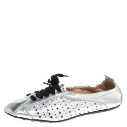 Pre Owned Tod's Metallic Silver Perforated Leather Lace Up Scrunch Low Top Sneakers Size 39