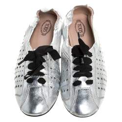 Pre Owned Tod's Metallic Silver Perforated Leather Lace Up Scrunch Low Top Sneakers Size 39
