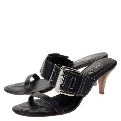 Pre Owned Tod's Black Leather Buckle Detail Slide Sandals Size 38
