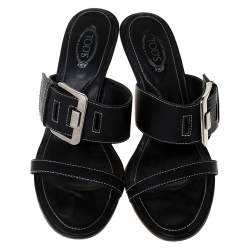 Pre Owned Tod's Black Leather Buckle Detail Slide Sandals Size 38