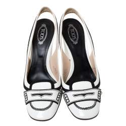 Pre Owned Tod's White/Black Patent Leather And Fabric Trim Penny Loafer Slingback Sandals Size 36.5