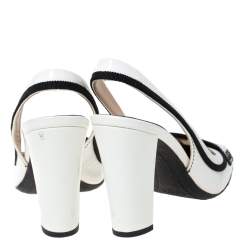 Pre Owned Tod's White/Black Patent Leather And Fabric Trim Penny Loafer Slingback Sandals Size 36.5