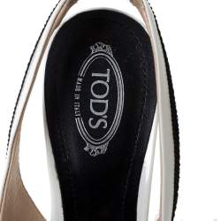 Pre Owned Tod's White/Black Patent Leather And Fabric Trim Penny Loafer Slingback Sandals Size 36.5