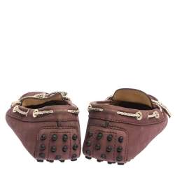 Pre Owned Tod's Purple Nubuck And Gold Leather Bow Loafers Size 38.5