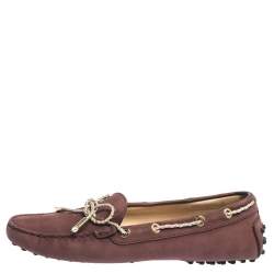 Pre Owned Tod's Purple Nubuck And Gold Leather Bow Loafers Size 38.5