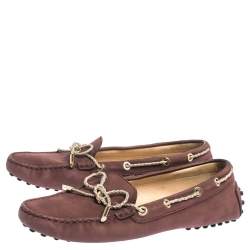 Pre Owned Tod's Purple Nubuck And Gold Leather Bow Loafers Size 38.5