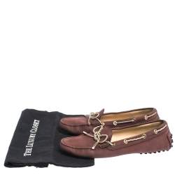 Pre Owned Tod's Purple Nubuck And Gold Leather Bow Loafers Size 38.5