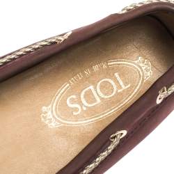 Pre Owned Tod's Purple Nubuck And Gold Leather Bow Loafers Size 38.5