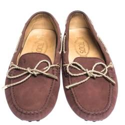 Pre Owned Tod's Purple Nubuck And Gold Leather Bow Loafers Size 38.5