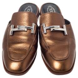 Tod's Metallic Bronze Leather Double T Mules Size 37.5