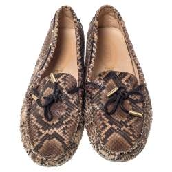 Pre Owned Tod's Beige/Brown Python Leather Bow Loafers Size 38.5