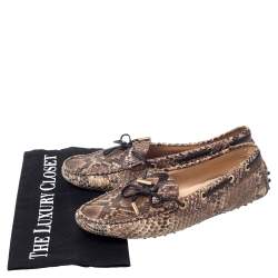 Pre Owned Tod's Beige/Brown Python Leather Bow Loafers Size 38.5