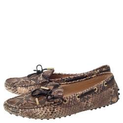 Pre Owned Tod's Beige/Brown Python Leather Bow Loafers Size 38.5