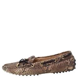 Pre Owned Tod's Beige/Brown Python Leather Bow Loafers Size 38.5