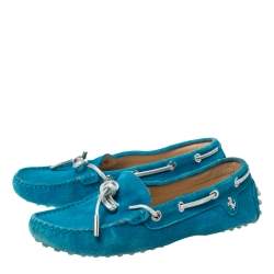 Pre Owned Tod's For Ferrari Teal Blue Suede Bow Loafers Size 35.5